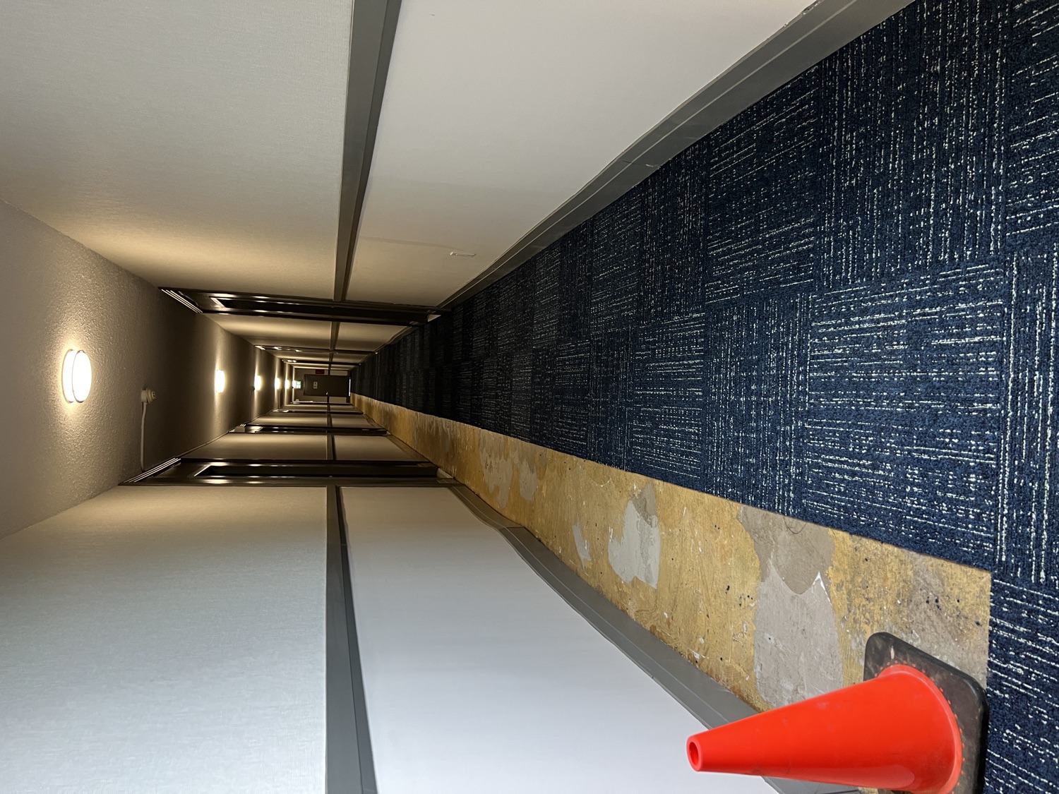 Apartment corridor: worn carpet replaced with fresh, durable carpet — Before